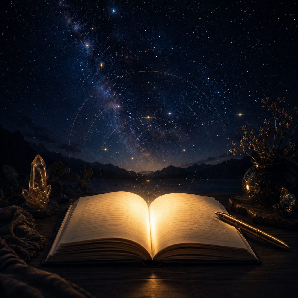 An open journal glowing with warm golden light beneath a starry night sky, symbolizing the 369 manifestation writing method
