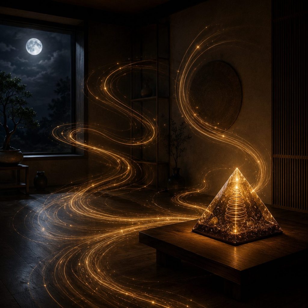 A glowing golden orgonite pyramid on a low wooden table in a dark, moonlit minimalist room, with swirling ribbons of warm gold light flowing through the space like currents of energy.