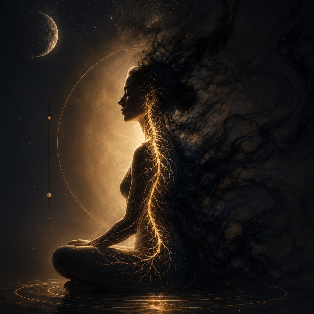 Silhouette meditating with a glowing golden nervous system, symbolizing shadow work and somatic healing