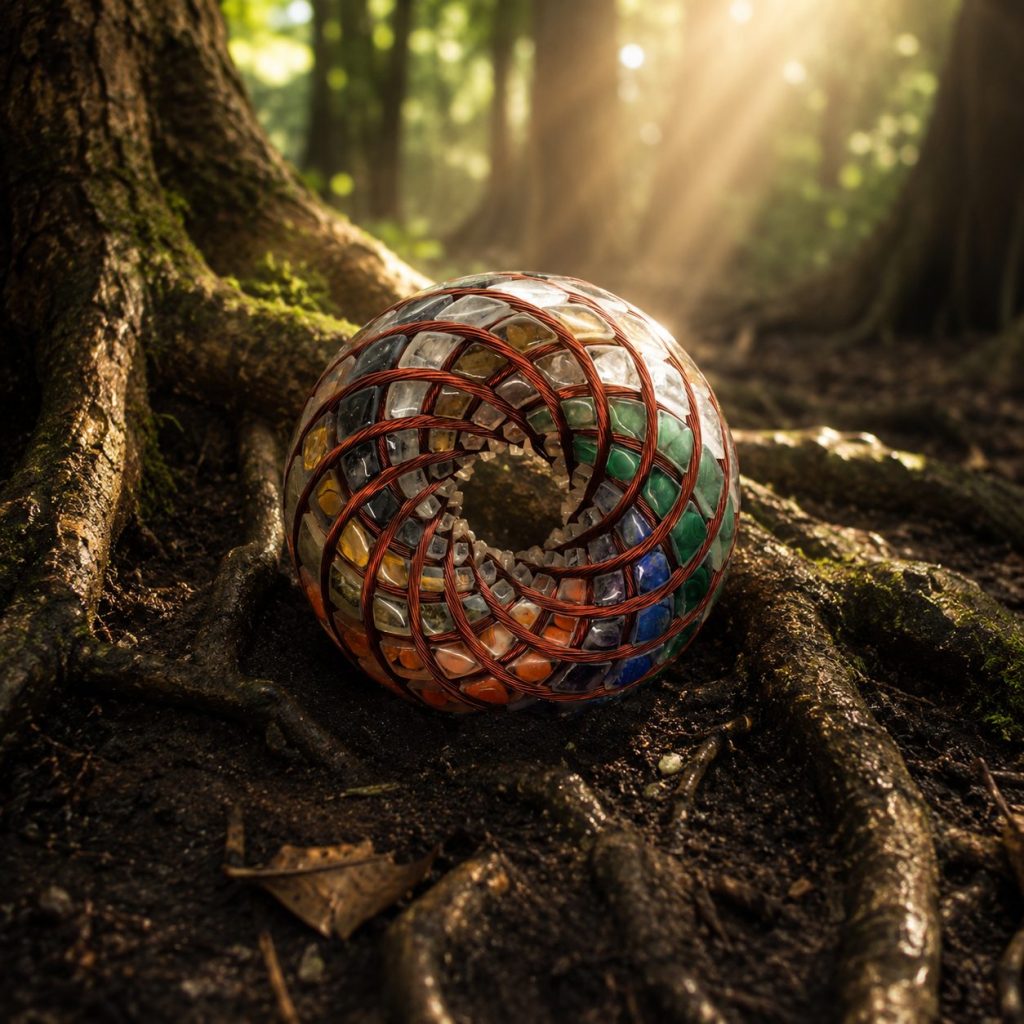 The real crystal-and-copper Resonator coil resting among sunlit forest roots, an ancestral grounding scene