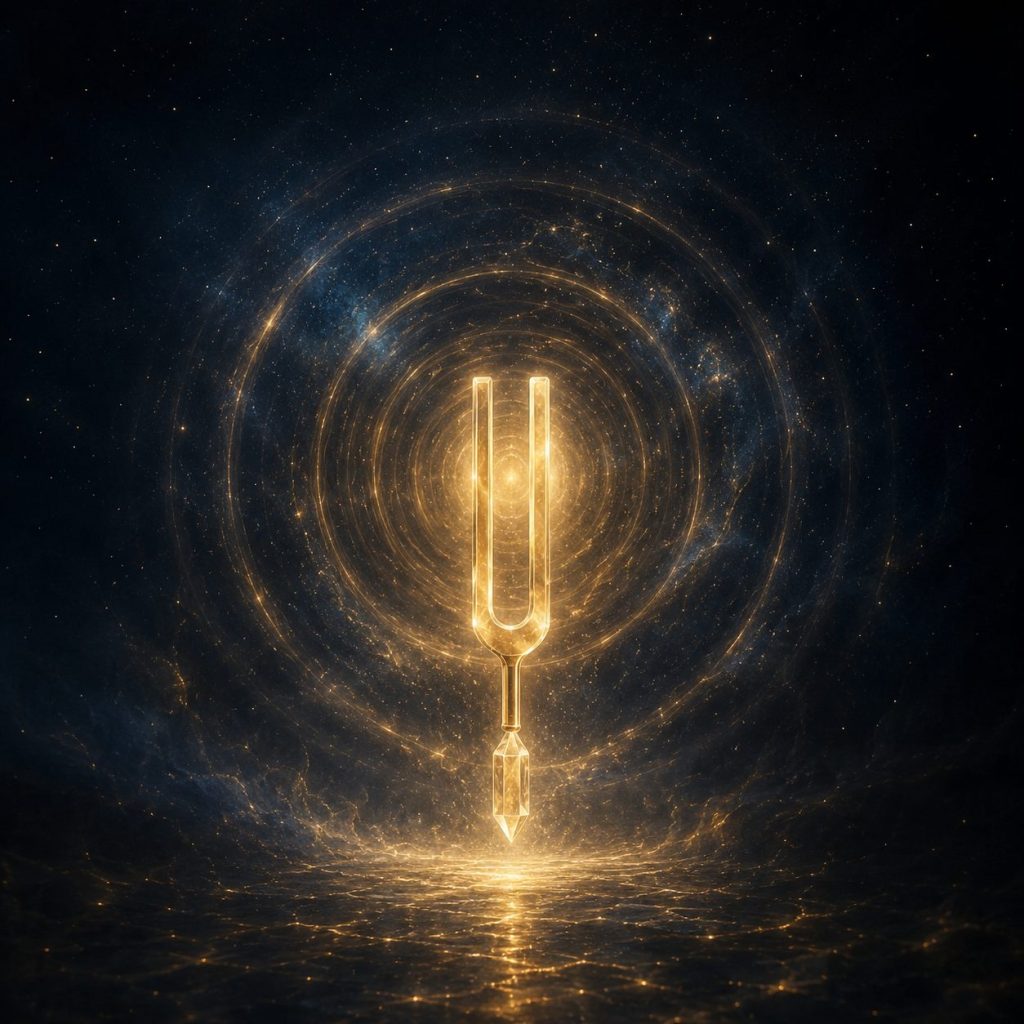 A glowing golden tuning fork radiating concentric rings of light through a dark cosmic starfield, representing the 528Hz repair frequency