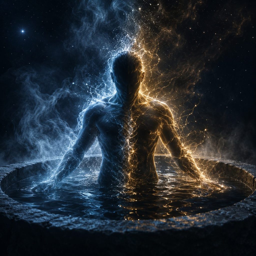A human silhouette in a stone plunge basin split between icy blue mist and warm golden light and energy filaments, representing cold plunge and contrast therapy recovery
