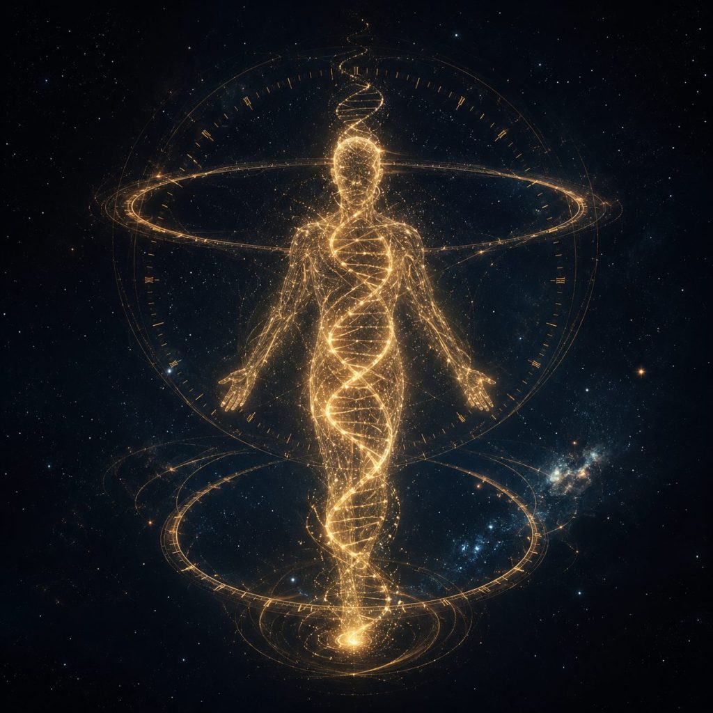 A human silhouette made of a glowing golden DNA double helix with luminous orbiting rings in cosmic space, representing longevity clinics and biological age testing