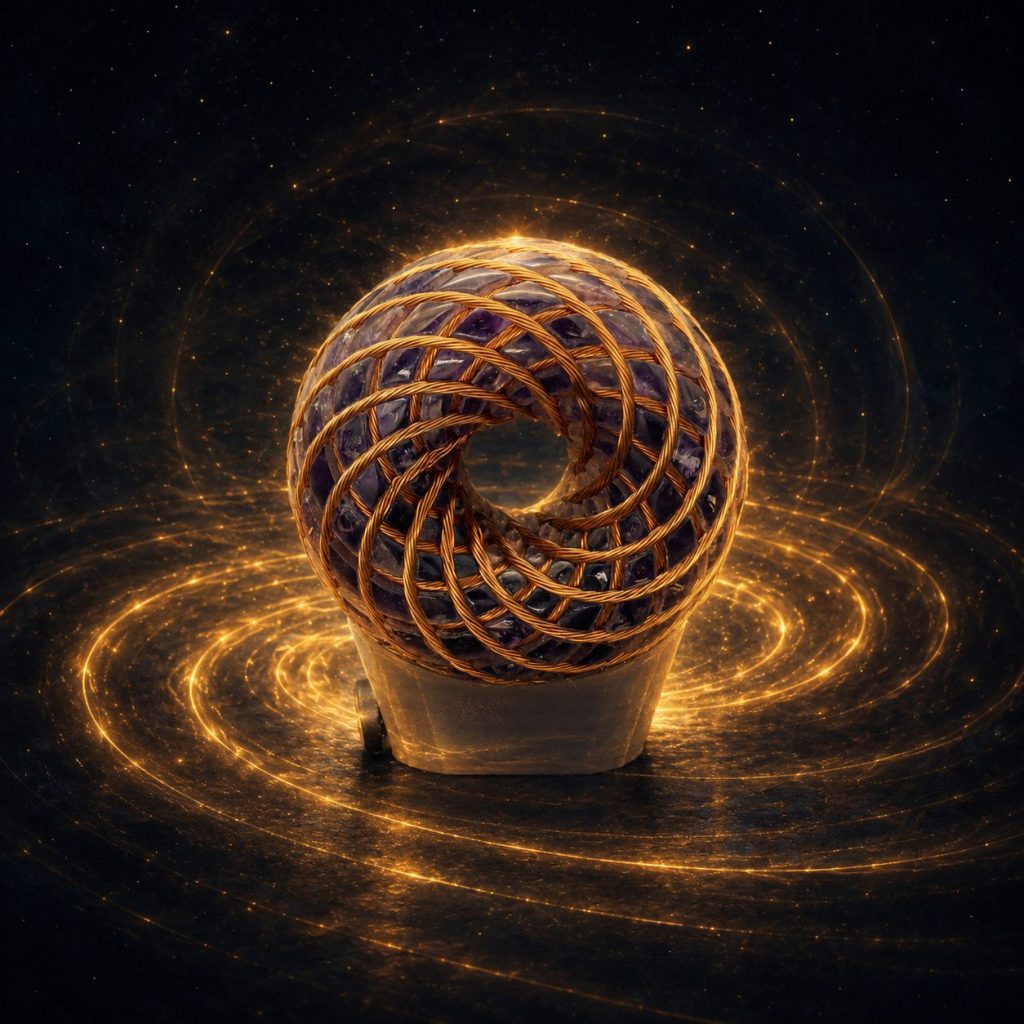 The real Resonator device (matching the actual product photo), glowing with concentric rings of golden light radiating outward from its coil winding in a spiral vortex pattern, set against a dark starry cosmic background, evoking sacred geometry and vortex mathematics