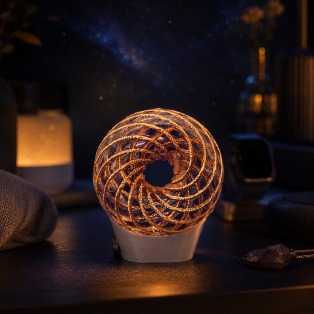 The real Resonator device (matching the actual product photo) glowing warmly on a minimalist home shelf, with soft ambient home lighting bleeding into a dark cosmic starry background, other blurred wellness gadgets faintly visible in the background bokeh, evoking the at-home wellness tech trend