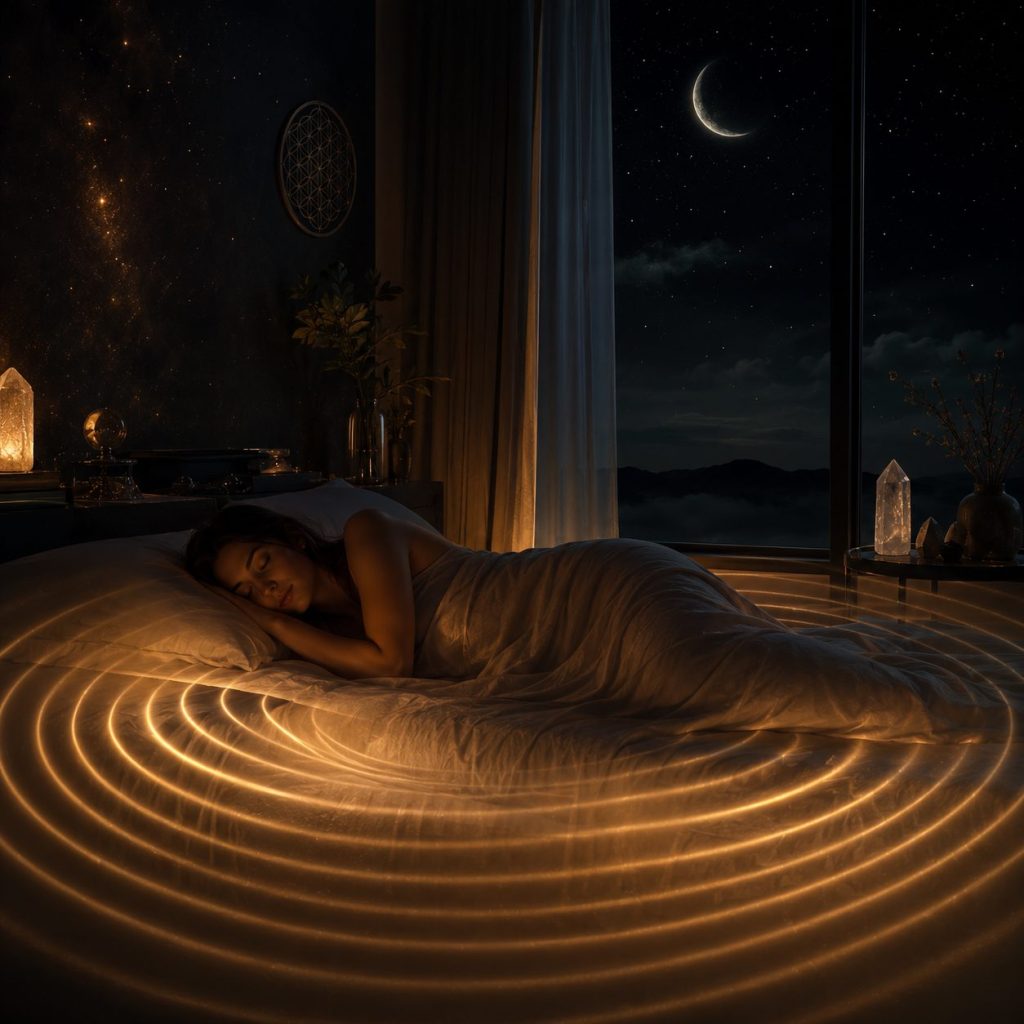 Figure sleeping peacefully with golden PEMF pulse rings radiating beneath the body under a crescent moon