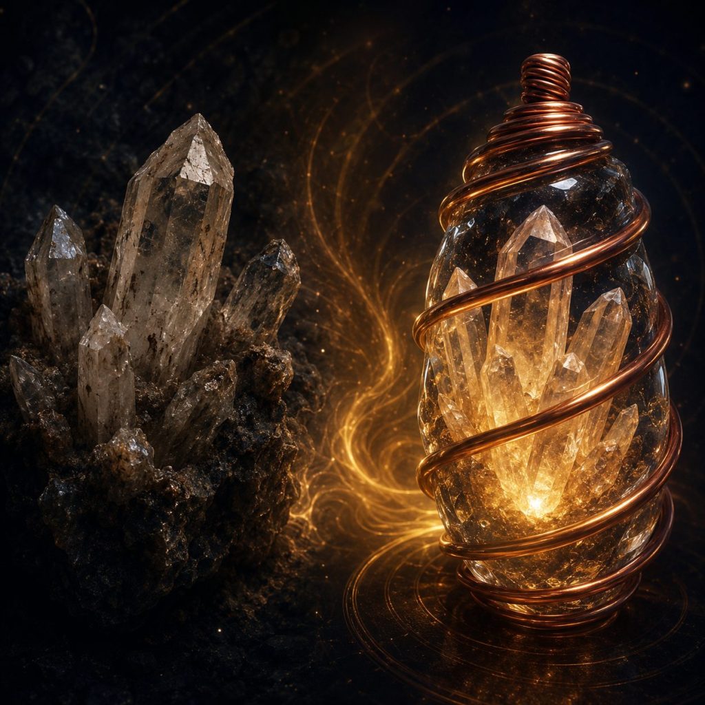 A dim, rough raw quartz crystal cluster on the left transforms into a glowing polished quartz crystal wrapped and compressed in a copper wire coil with resin on the right, golden light flowing between them to show the crystal waking from dormant to active.