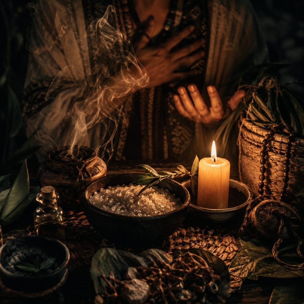 Warm candlelight, salt, smoke, and woven textures arranged in a Filipino folk healing ritual
