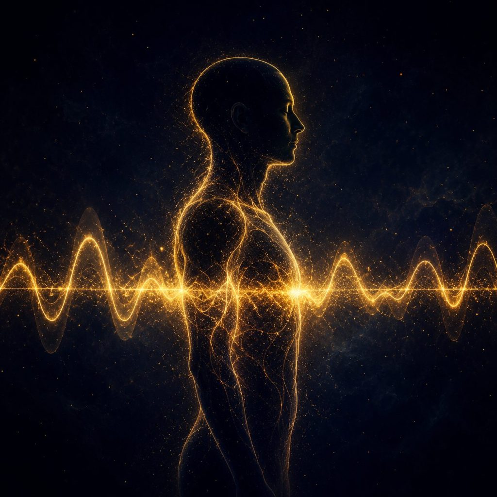 A silhouetted human figure in profile with a glowing golden sound wave passing through the body