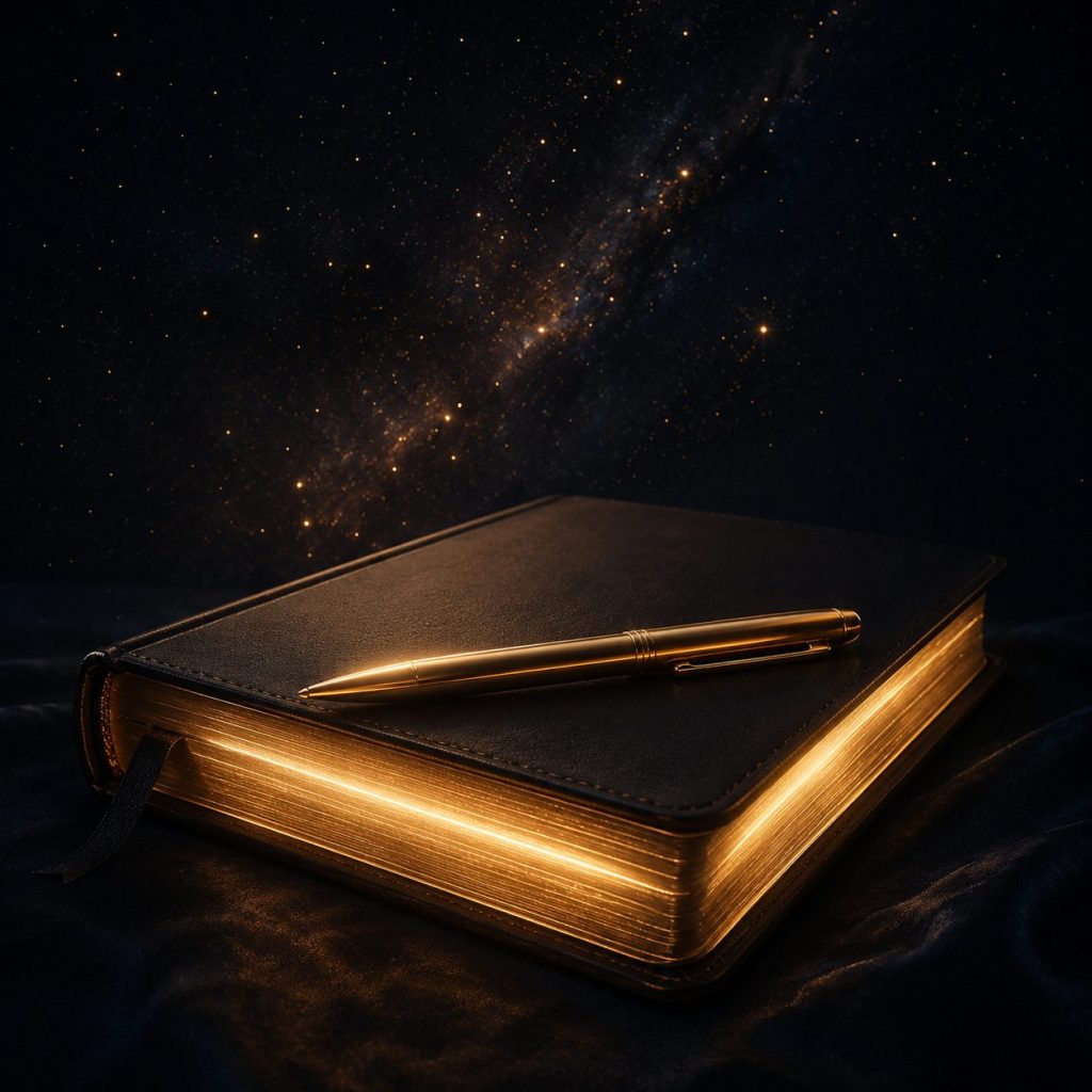 A glowing golden journal and pen resting beneath a starry cosmic sky, symbolizing Law of Assumption scripting