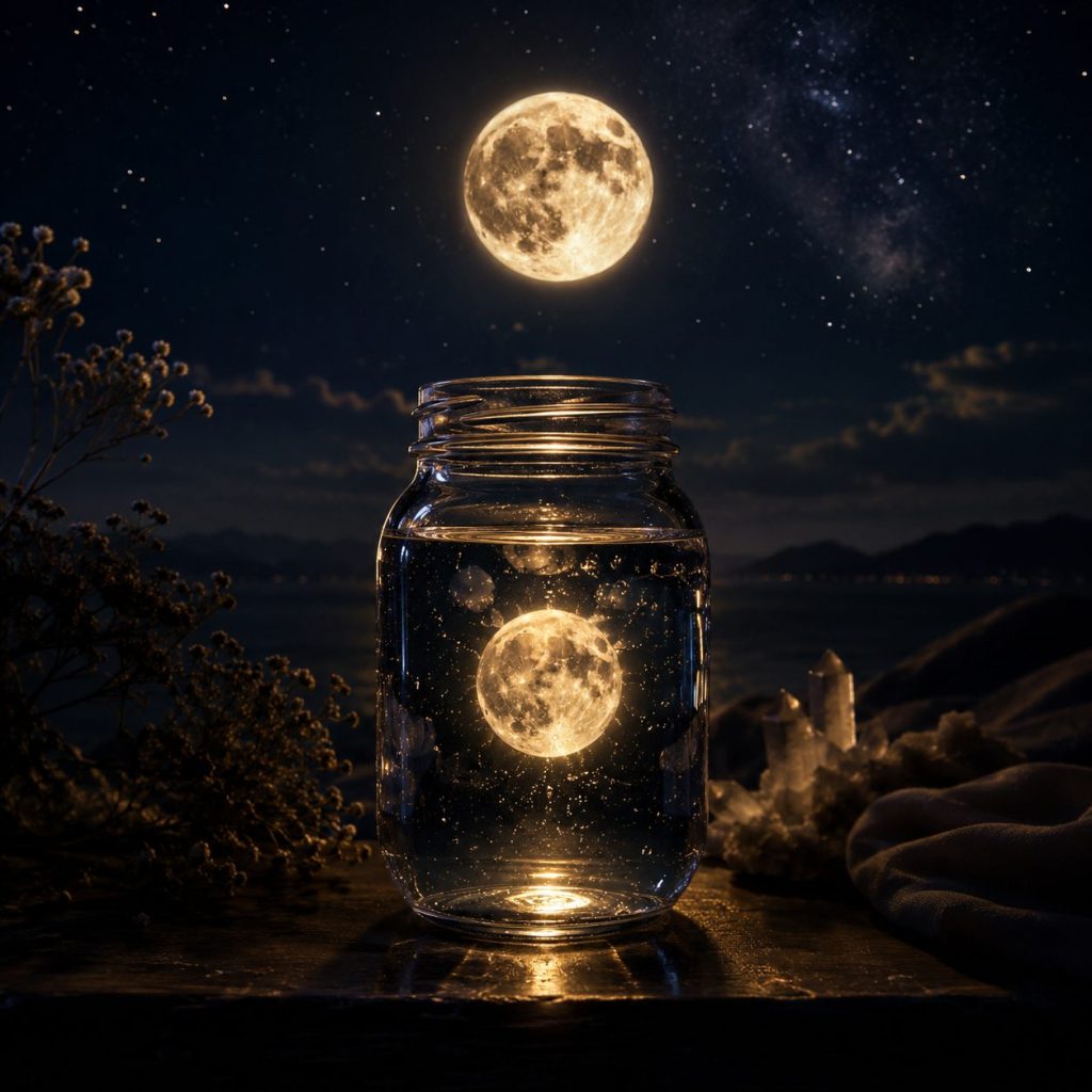 A glass jar of moon water reflecting a glowing full moon against a starry night sky, symbolizing moon manifestation rituals