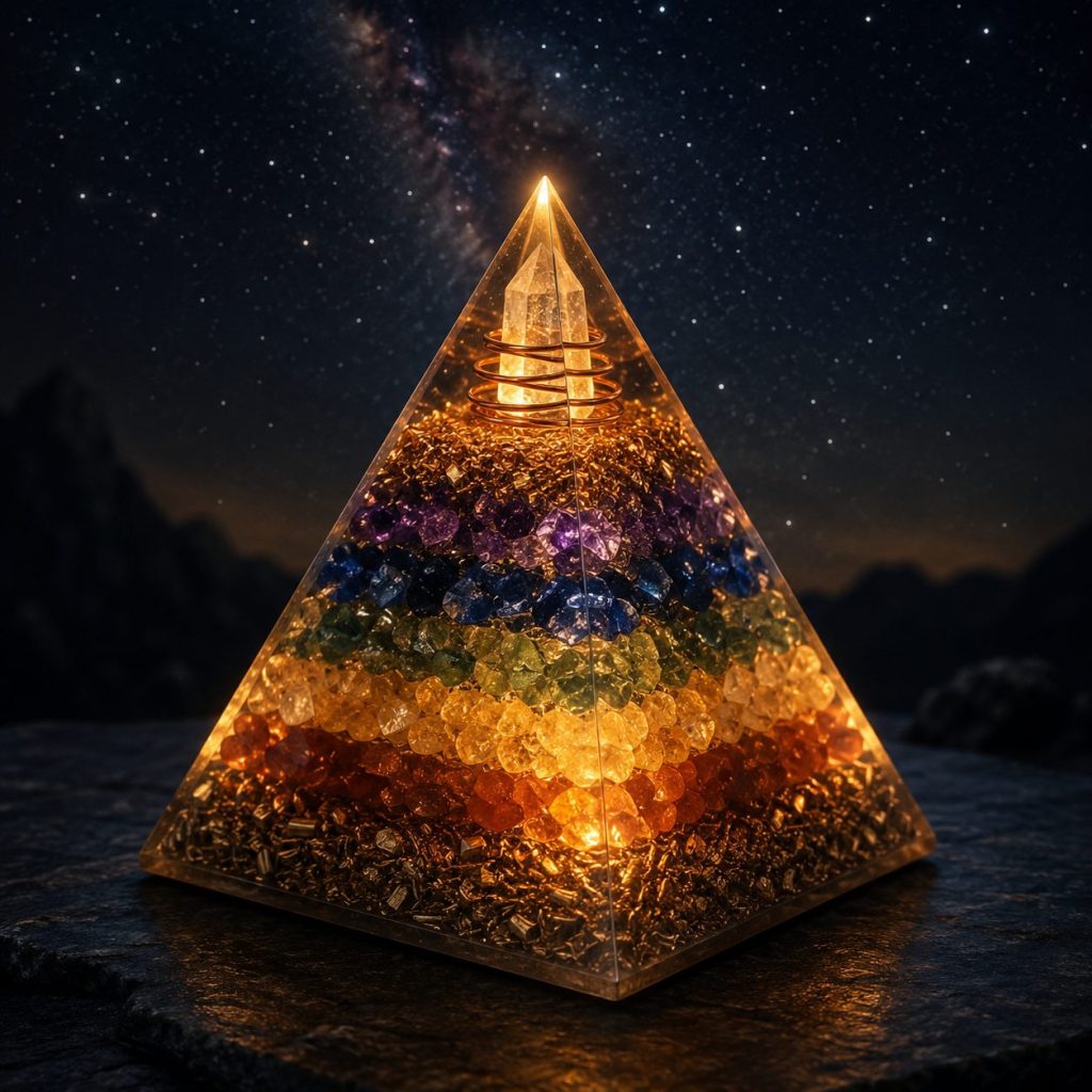 A glowing layered orgonite pyramid with embedded crystals and metal shavings under a starry night sky