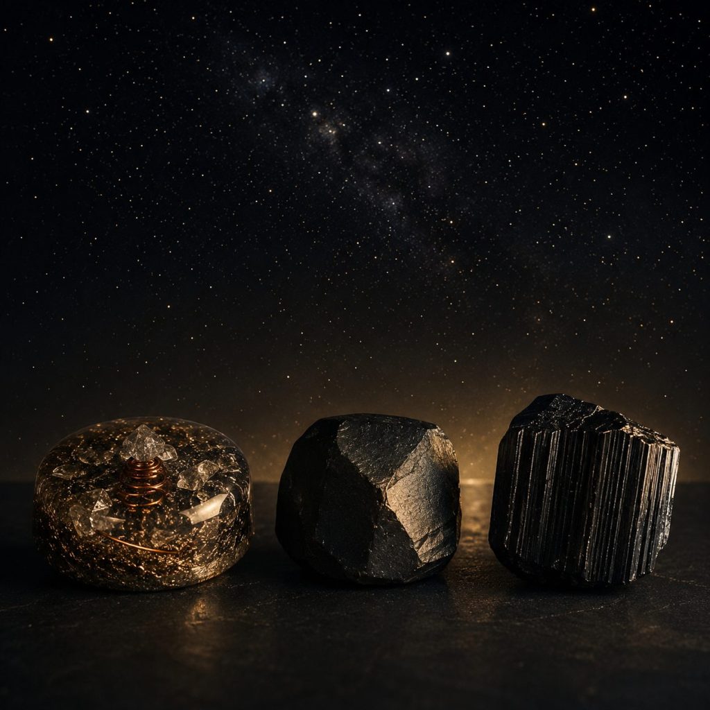 Three dark polished stones, orgonite, shungite, and black tourmaline, arranged in a row under a starry night sky