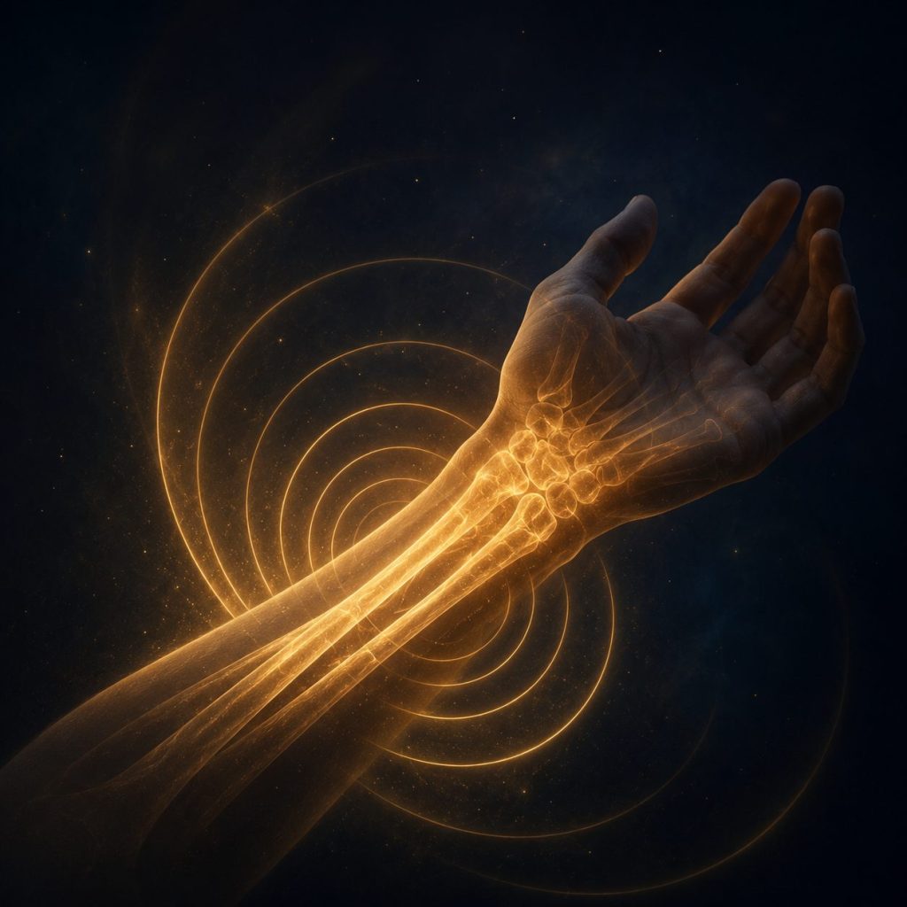 Glowing golden skeletal structure in a forearm with electromagnetic pulse rings, representing PEMF bone healing research