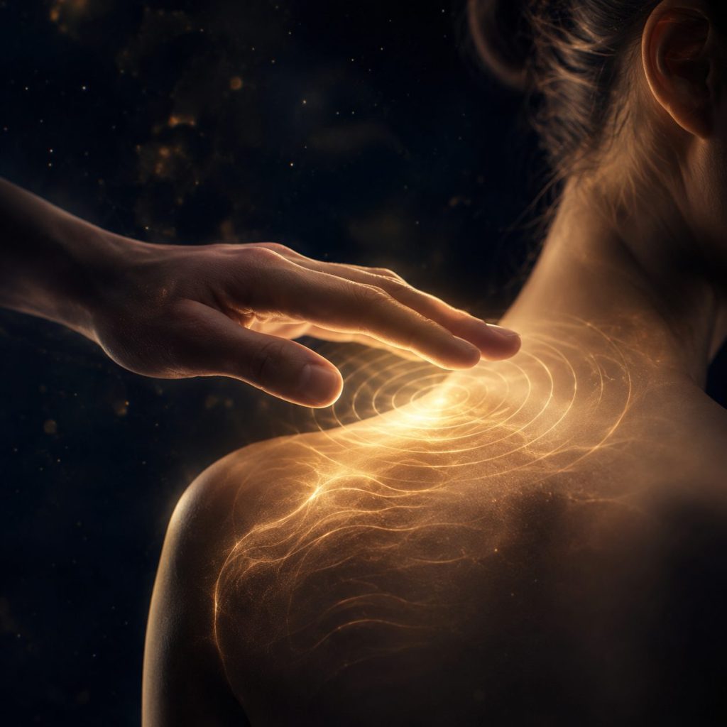 Hand hovering over a bare shoulder with golden electromagnetic pulse waves easing tension, representing PEMF for pain and inflammation