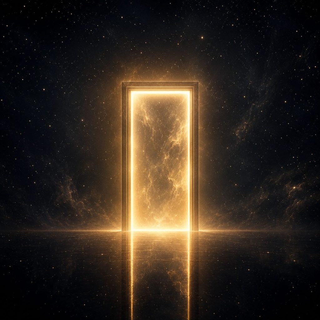 A single glowing golden doorway of light standing in a starry cosmic void, symbolizing quantum jumping and reality shifting