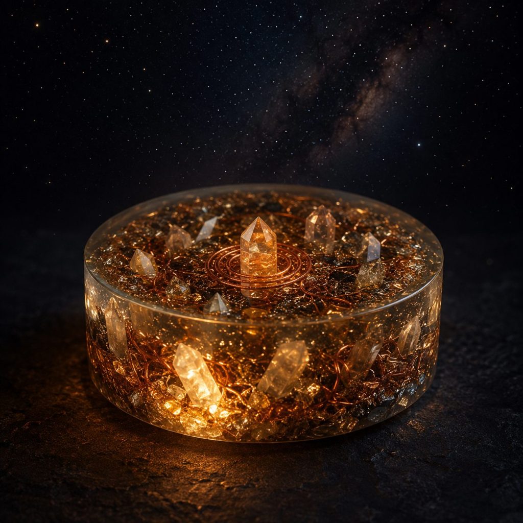 A genuine orgonite disc with visible embedded crystal points and metal shavings inside clear resin, glowing warmly under a starry sky