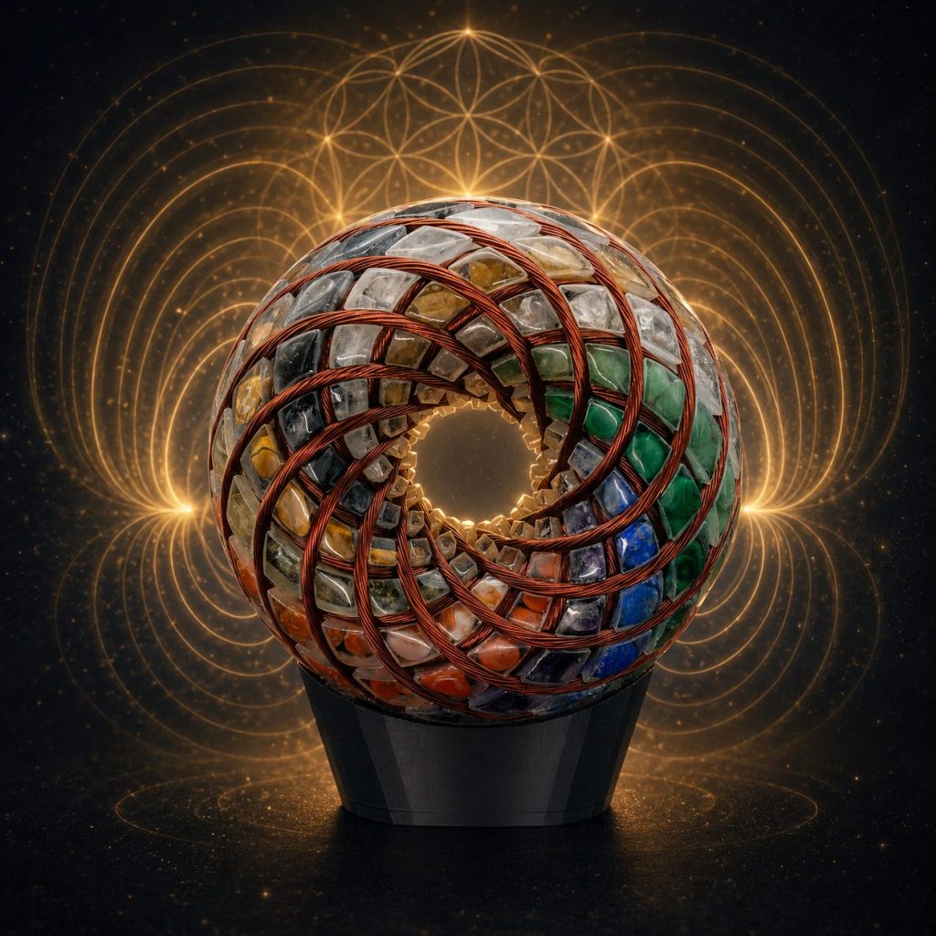 The toroidal Resonator with its copper-wound gemstone mosaic, glowing against a golden Flower of Life pattern radiating behind it