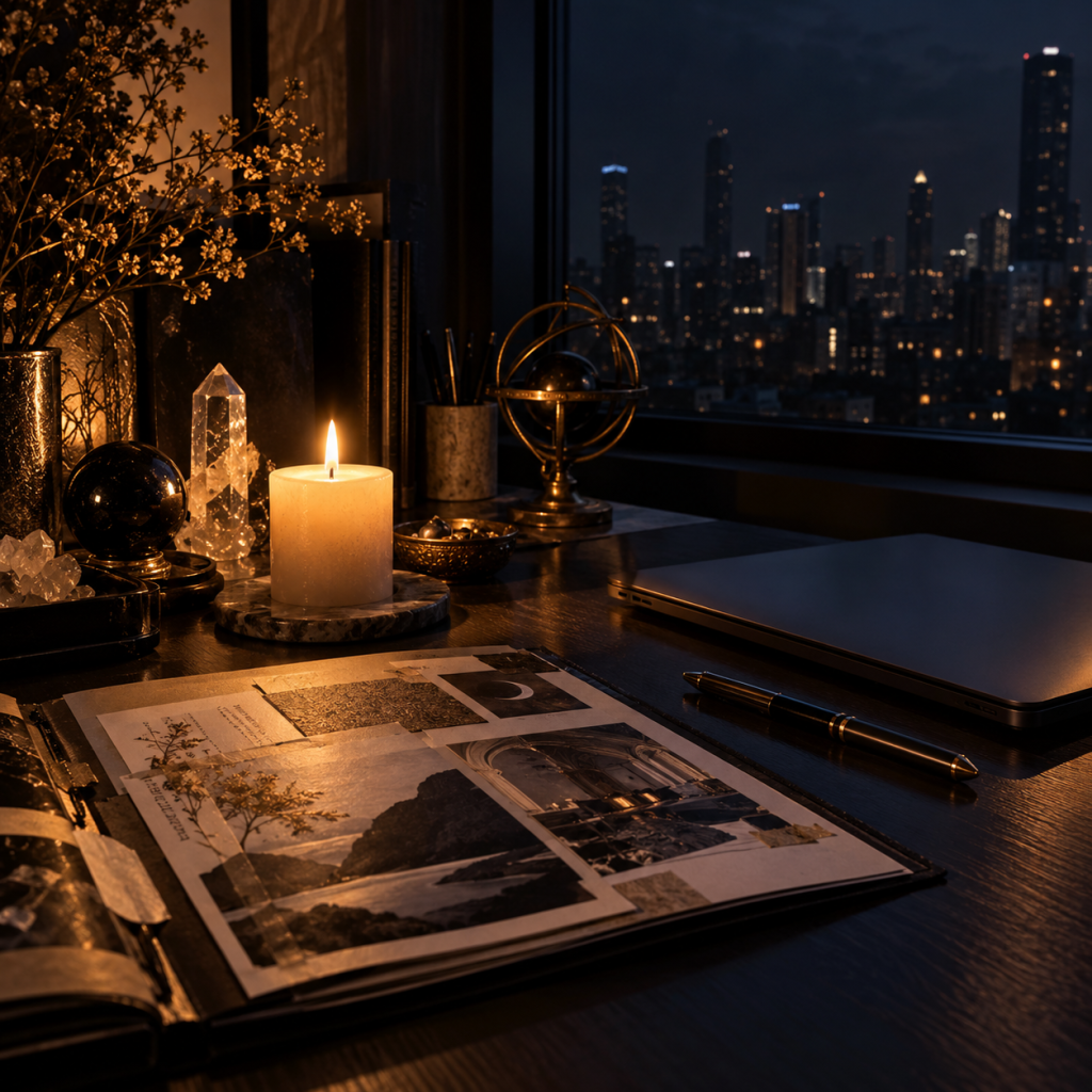 A single lit candle glowing gold on a founder's desk at night, beside crystals and an open folder of vision-board images, with a closed laptop and a dark city skyline through the window behind.
