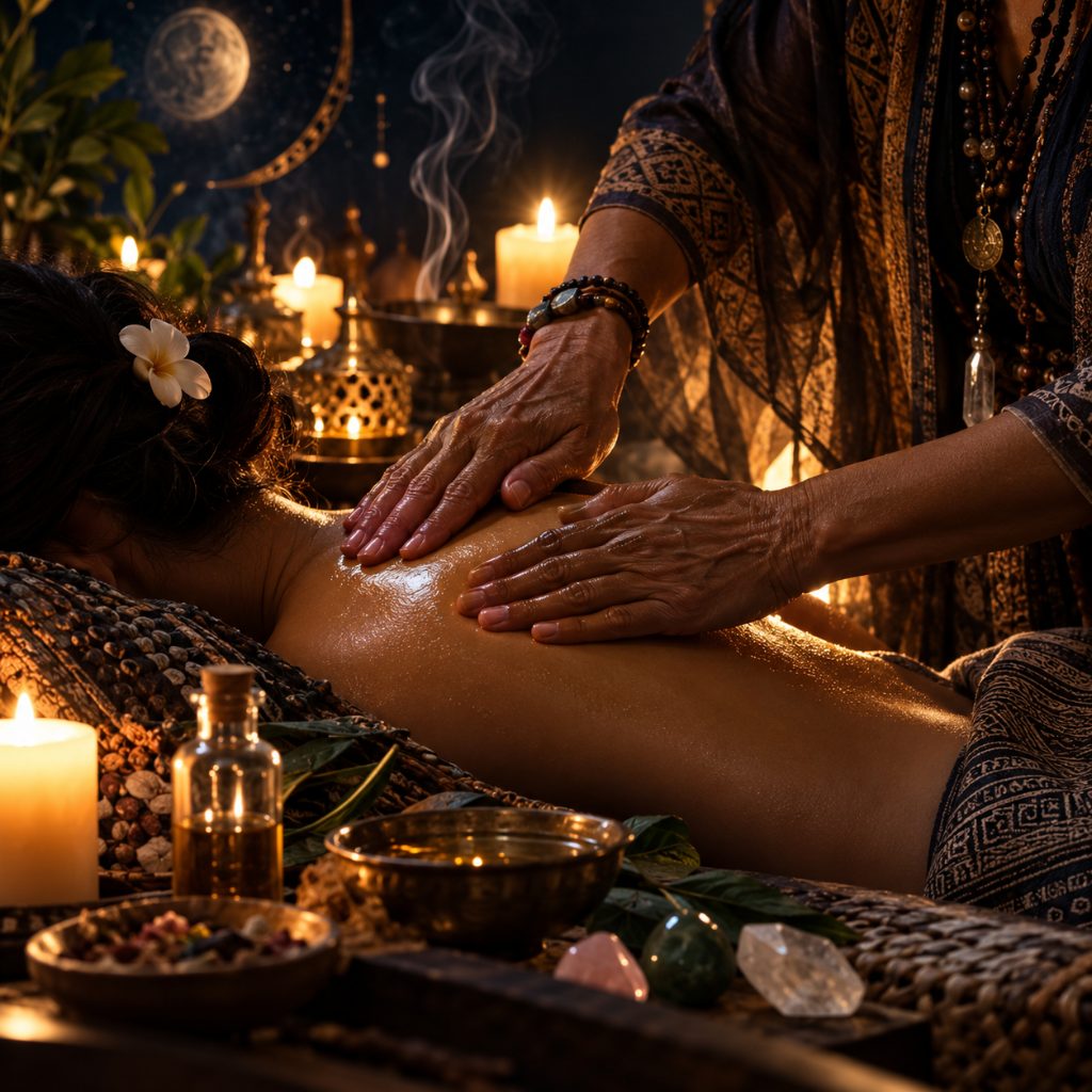 A healer’s hands pressing warm oil into a person’s shoulder by candlelight, incense smoke rising, in a dark reverent setting
